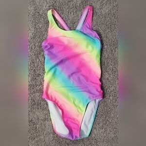 Children's Place Girls Large 10-12 Neon Rainbow Cross-Back, One Piece Swimsuit